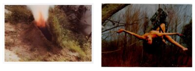 Left: Ana Mendieta, Volcán, 1979, color photograph. Right: Carolee Schneemann, Study for Up to and Including Her Limits, 1973. Color photograph, photo credit: Antony McCall.