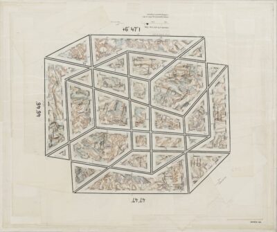 Image: Gerhard Marx, Two Things (II), 2020, Reconfigured Map fragments on Canvas, 34.7 x 416 cm