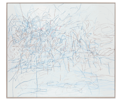 Janaina Tschäpe, The Sea, 2019, crayon on canvas, framed: 71 3/4 x 81 3/4 x 2 3/4 inches Image 2: Janaina Tschäpe, Blood, Sea, 2004, four-channel video installation, projected on three screens, with sound, duration: 1 hour 2 minutes 22 seconds, edition 4 Image 3: Janaina Tschäpe, Stream of Thoughts 4, 2020. watercolor crayon on paper, paper: 35 7/16 x 45 1/4 inches