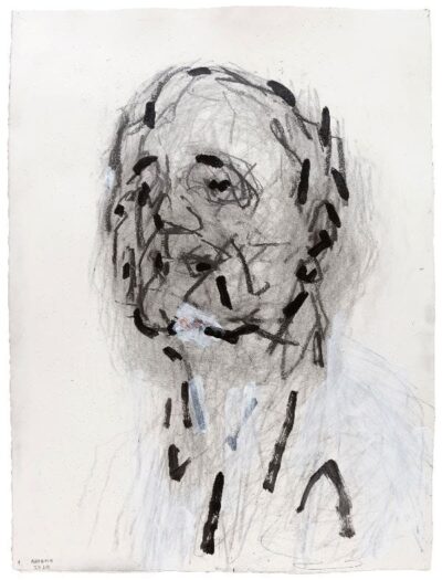 Frank Auerbach, Self-Portrait IX, graphite and acrylic on paper, 2020, Courtesy Marlborough Gallery, London