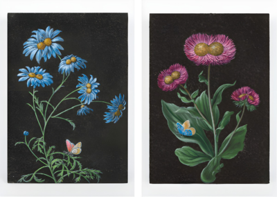 (Left and right) Future Herbarium. Distemper on wood, 34 x 24 x 5 cm | 13 3/8 x 9 7/16 x 1 15/16 inch. Photo: Claire Dorn. © Laurent Grasso / ADAGP, Paris & SACK, Seoul 2021. Courtesy Perrotin