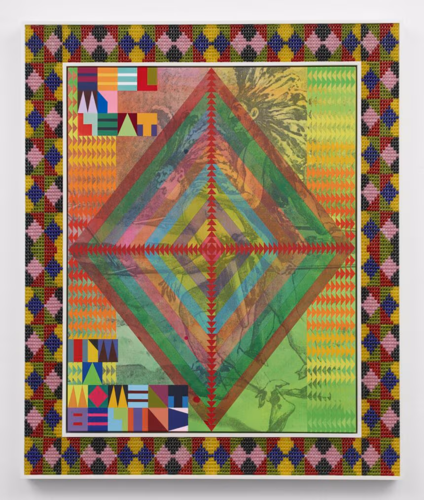 Jeffrey Gibson, 'FEEL MY HEAT', 2021. Acrylic paint on archival printed canvas, inset into custom wood frame, glass beads and artificial sinew, 141.6 x 116.2cm (55 3/4 x 45 3/4in). Copyright Jeffrey Gibson. Courtesy the artist and Stephen Friedman Gallery, London. Photo by Max Yawney.