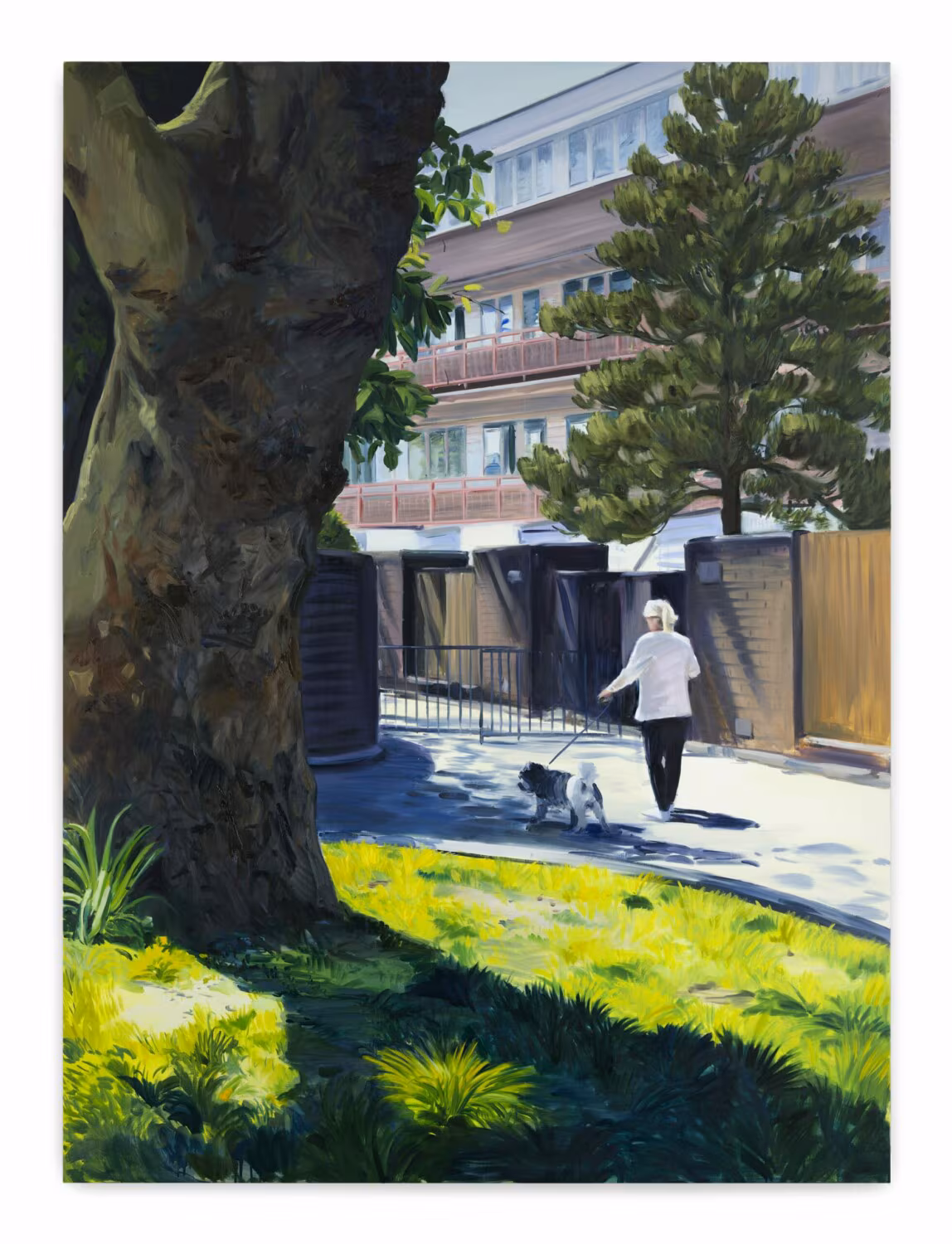 Caroline Walker, 'Lyn walking Teddy', 2021. Oil on linen, 245 x 180cm (96 1/2 x 70 7/8in). Copyright Caroline Walker. Courtesy the artist and Stephen Friedman Gallery, London. Photo by Peter Mallet.