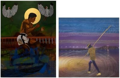 Godfried Donkor, COLOSSUS II (2019), oil, acrylic ink and gold leaf on linen; Joana Choumali, Know the depth of water (2019), Series Albahian. Images copyright the artists and courtesy Gallery 1957