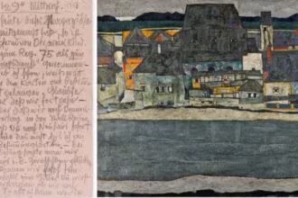 Egon Schiele, Carta a Edith, junio de 1915. Colección Anne-Marie Springer. / Egon Schiele, Casas junto al río. La ciudad vieja, 1914. Museo Nacional Thyssen-Bornemisza.