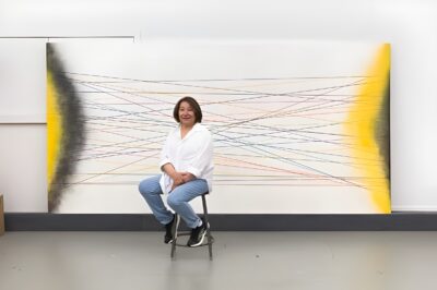 Virginia Jaramillo in her studio in front of Quanta, 2021 © Virginia Jaramillo, Hales Gallery, and Pace Gallery. Photo by JSP Art Photography