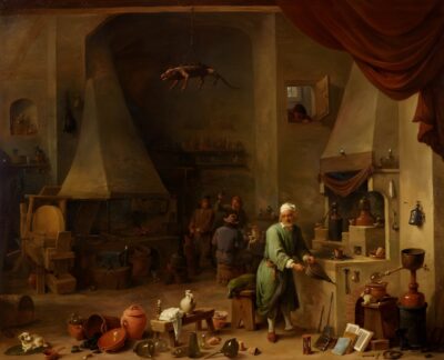 Interior of a laboratory with an Alchemist at work with a stuffed alligator hanging from a ceiling beam by David Teniers the Younger. Sold for £529,500