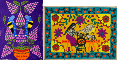 Flowers with Birds, 1987 and I was spinning on the spinning wheel, 1982 by Maria Prymachenko