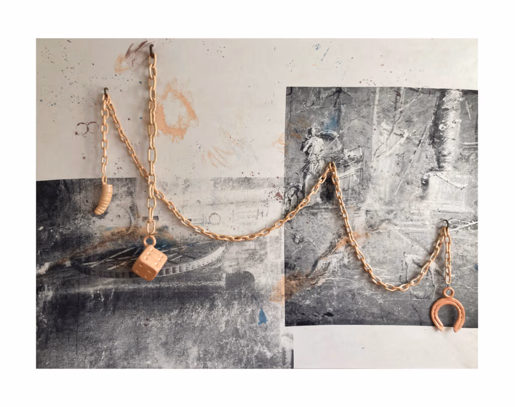 ohn Isaacs, Ego in Arcadia, 2025, silk screen print on canvas, glazed ceramic,
24 carat gold leaf, steel, diptych, each panel 100 x 80 x 10 cm