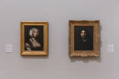 Installation view of William Dobson’s Portrait of The Artist’s Wife c.1635-40 and Self Portrait c.1635-40 at Tate Britain. Photo © Tate (Joe Humphrys)