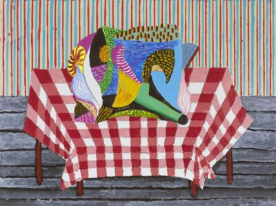 David Hockney, Abstraction Resting on a Red and White Checkered Tablecloth, 2025. Acrylic on canvas, 36 x 48 in. (91.4 x 121.9 cm) © David Hockney. Photo: Prudence Cuming