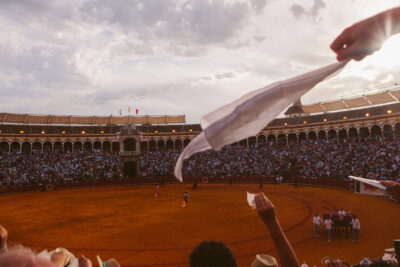 A still from Albert Serra's documentary Afternoons of Solitude, framing matador Andrés Roca Rey in the arena.