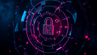 Abstract editorial illustration of fractured cryptographic geometry suggesting a broken security perimeter