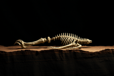 Abstract museum-conservation composition evoking Neolithic skeletal fragments arranged on dark fabric under dramatic lighting.