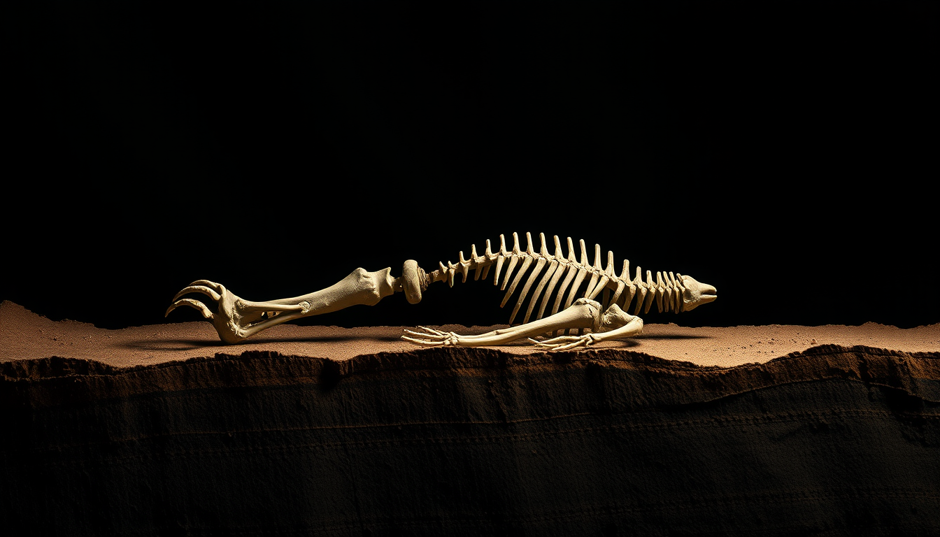 Abstract museum-conservation composition evoking Neolithic skeletal fragments arranged on dark fabric under dramatic lighting.