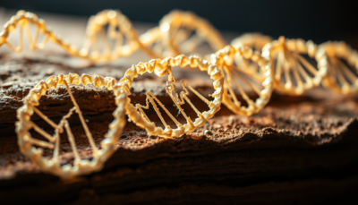 Abstract editorial illustration of a DNA double helix over layered earth, in warm gold tones.