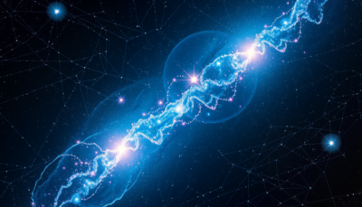 Abstract astrophotographic composition evoking the cosmic-web filament topology with luminous galaxy nodes.