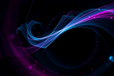Abstract editorial composition evoking matter-wave interference topology with translucent quantum fringe layers in cyan and magenta.