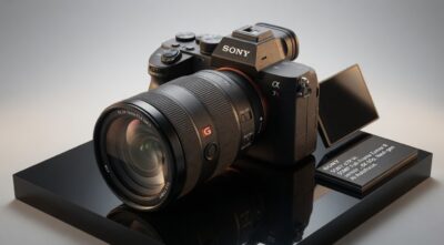 Sony A7R VI mirrorless camera body with companion FE 100-400mm GM telephoto lens at the New York launch event