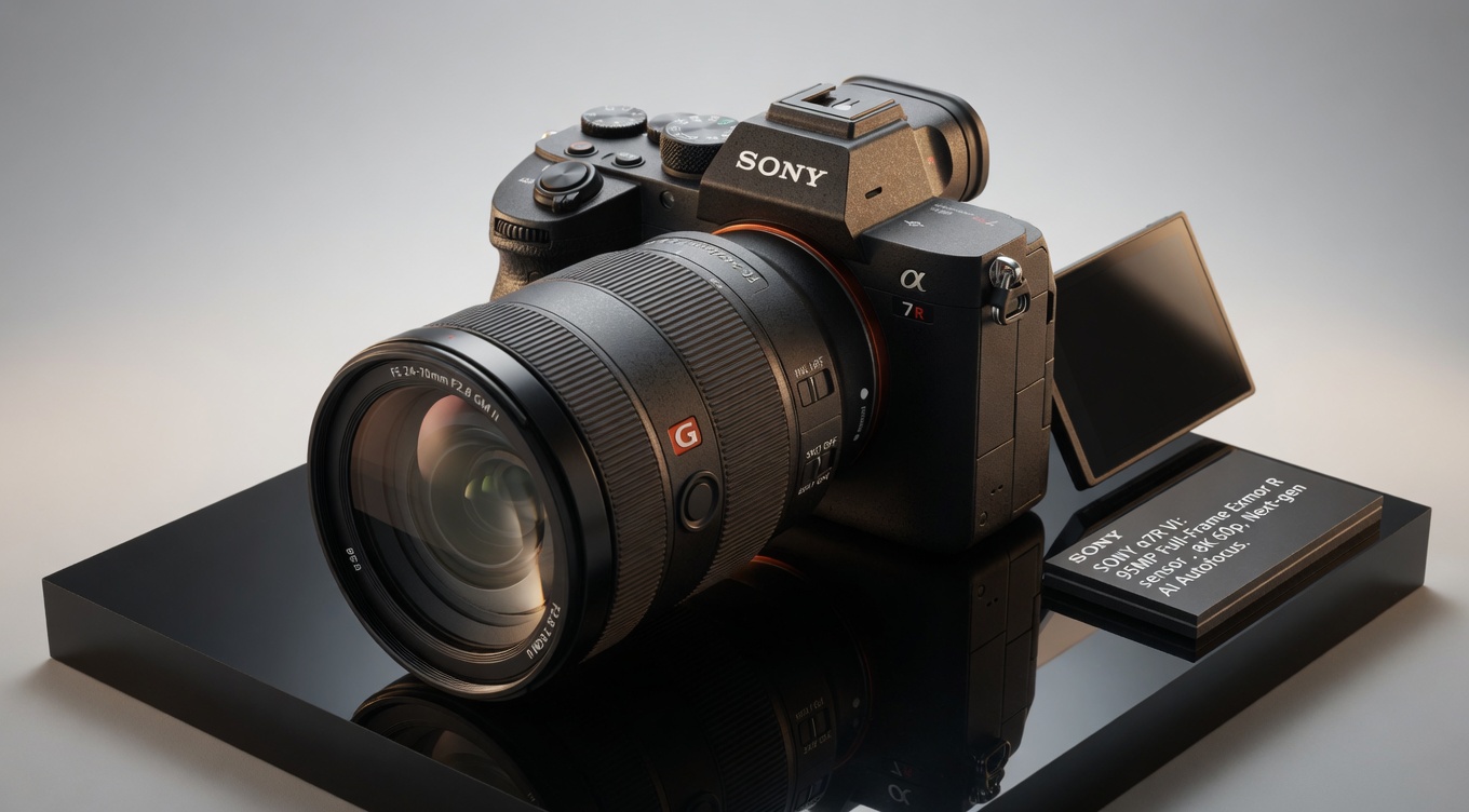Sony A7R VI mirrorless camera body with companion FE 100-400mm GM telephoto lens at the New York launch event