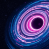 Abstract astrophotographic illustration of a glowing accretion disk spiralling around a black hole against a dense starfield