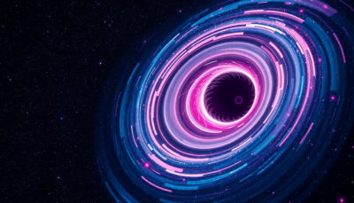 Abstract astrophotographic illustration of a glowing accretion disk spiralling around a black hole against a dense starfield