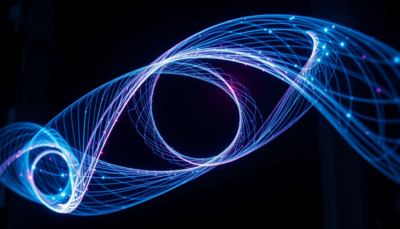 Abstract editorial illustration of two counter-rotating spirals of cyan and magenta light twisting against each other on a dark background