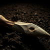 Abstract editorial photograph of a weathered pointed wooden tool resting on dark sediment under warm conservation lighting