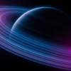 Abstract editorial illustration of a ringed gas-giant world lit by a distant star, deep blue with cyan and magenta accents.