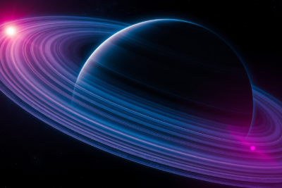 Abstract editorial illustration of a ringed gas-giant world lit by a distant star, deep blue with cyan and magenta accents.
