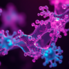 Abstract macro composition evoking long-chain hyaluronic acid filaments suspended in translucent biological fluid.
