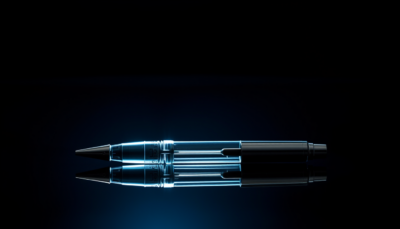 Editorial conceptual still life: a single unbranded injection pen on dark polished stone beside a half-finished plate, dramatic cool-toned studio light.