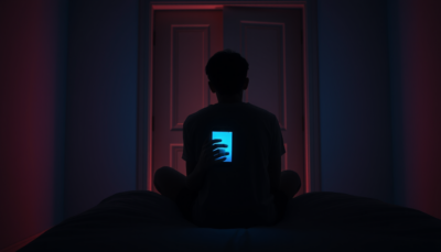 Anonymous teenager lit only by a phone screen in a dark room, an empty lit doorway behind — editorial illustration on AI companions and adolescence.