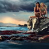 Still from Killer Whale, Jo-Anne Brechin's lagoon-trap survival horror in which Virginia Gardner and Mel Jarnson are stalked by the captive orca Ceto in a remote Thai lagoon