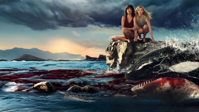 Still from Killer Whale, Jo-Anne Brechin's lagoon-trap survival horror in which Virginia Gardner and Mel Jarnson are stalked by the captive orca Ceto in a remote Thai lagoon