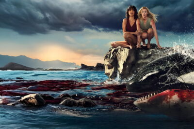 Still from Killer Whale, Jo-Anne Brechin's lagoon-trap survival horror in which Virginia Gardner and Mel Jarnson are stalked by the captive orca Ceto in a remote Thai lagoon