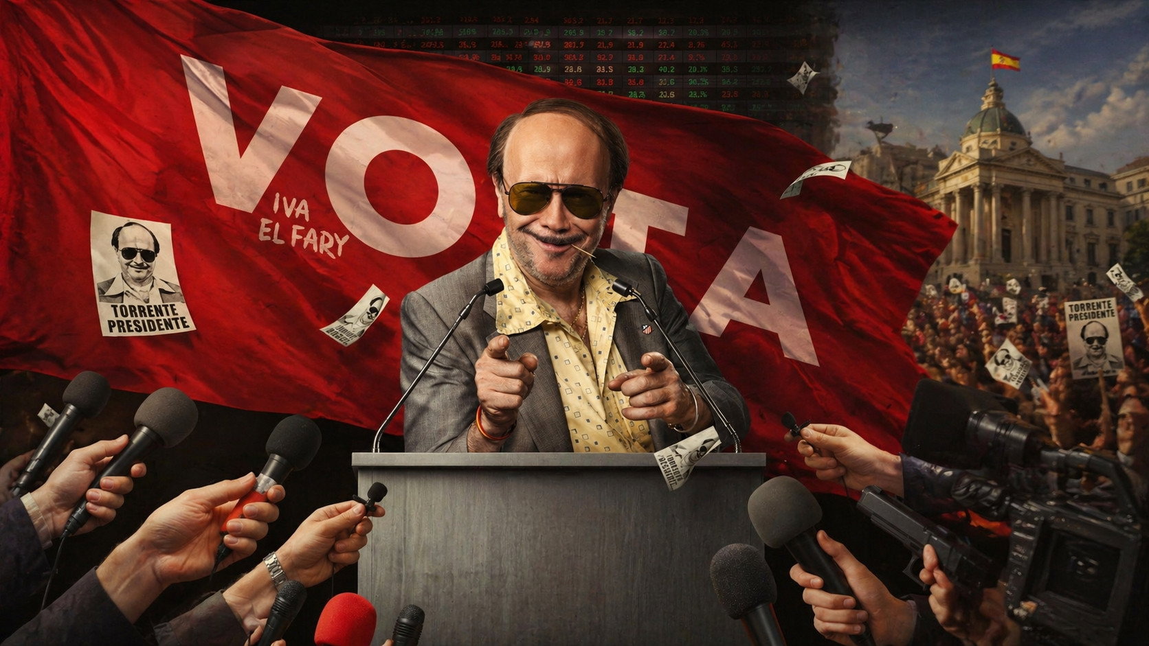 Santiago Segura as José Luis Torrente at a campaign podium surrounded by reporters in Torrente Presidente