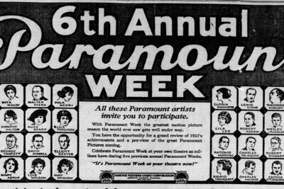 Vintage 6th Annual Paramount Week promotional spread with portraits of 1920s Paramount Pictures stars