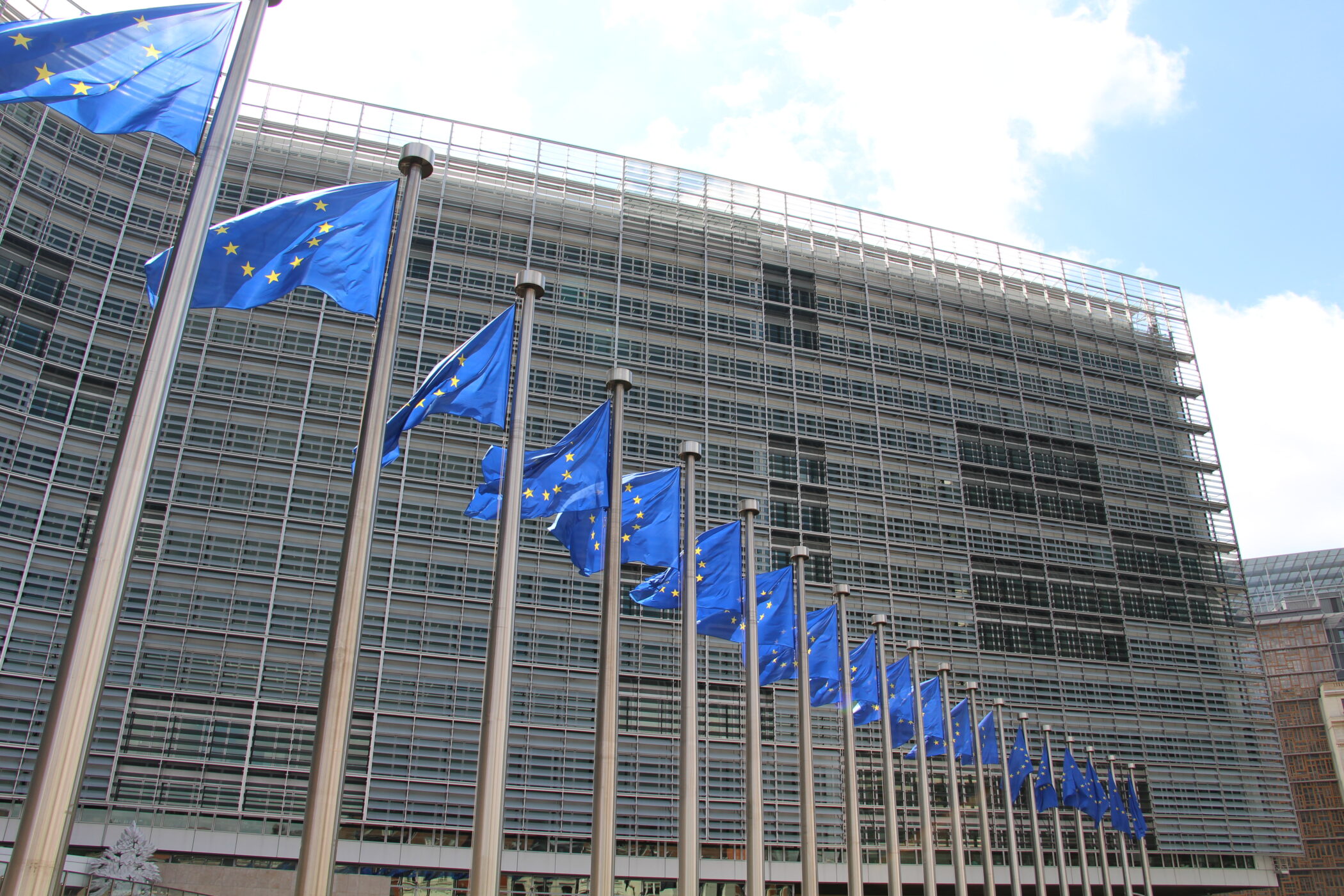 European Union flags in front of the Berlaymont building, European Commission headquarters in Brussels