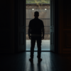 A solitary figure at a doorway threshold, silhouetted against warm amber light