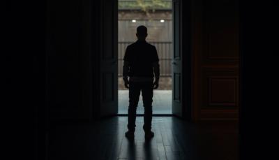 A solitary figure at a doorway threshold, silhouetted against warm amber light