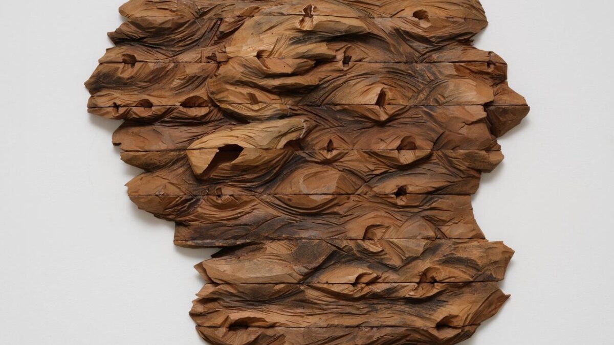 Ursula Von Rydingsvard, Osiem II, 2016, cedar and graphite wall sculpture, Breaking Ground exhibition