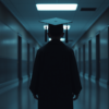 Editorial conceptual photograph — back of a small figure in a graduation gown standing alone in an empty institutional corridor, cyan accent lighting