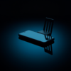 Editorial conceptual still: a single smartphone glowing on dark glass beside an empty chair drawn close, the image of a conversation engineered never to end.