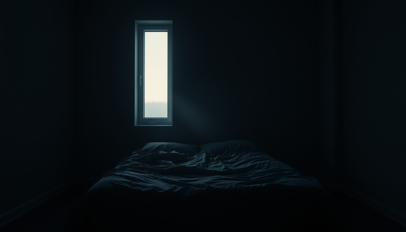 A dim bedroom at dawn, pale light entering through a tall window across an empty bed — a conceptual image for the line between ordinary distress and clinical disorder.