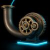 A brass turbine and interlocking-gear assembly lit on a dark background, used as a visual metaphor for the engines of economic growth.