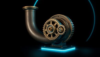 A brass turbine and interlocking-gear assembly lit on a dark background, used as a visual metaphor for the engines of economic growth.