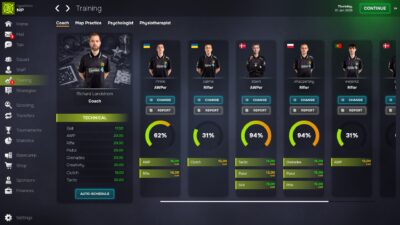 Esports Manager 2026 management dashboard showing player roster and stats