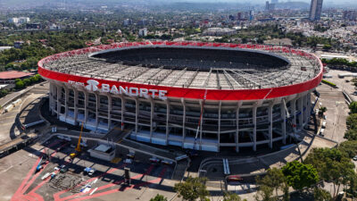 Aerial drone view of Estadio Azteca (Estadio Banorte) in Mexico City after 2026 renovation