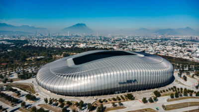 Aerial drone view of Estadio BBVA in Guadalupe, Monterrey, host venue for the 2026 FIFA World Cup